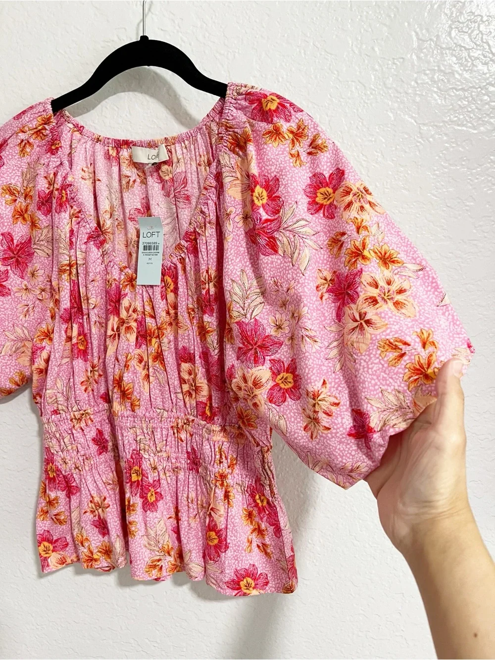 NWT!  LOFT Pink Floral Smocked Peplum Top Puff Sleeves Medium Cottage Boho